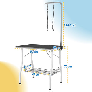 Hundetrimmebord med justerbar arm og opbevaringsrum, gummioverflade, 90 x 60 x 76 cm, sort