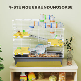 Hamsterbur 4-lags gnaverbur Smådyrsbur med løbehjul Foderskål Tunnelhytte Topdør, Smådyrsbur til hamstere Syriske hamstere 78 x 45 x 73 cm, Grå