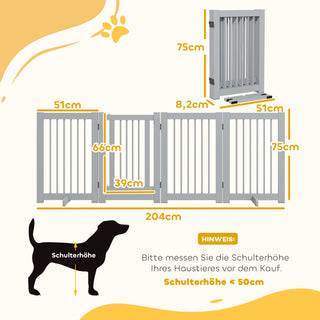Hundegitter 4-delt, Hundegitter med Dør, Sammenklappelig Hundegitterdør, Træ, Lysegrå