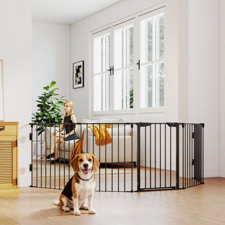 2 in 1 Welpenauslauf 5-TLG Klappbar Absperrgitter mit Tür für kleine und mittelgroße Hunde, DIY Welpenlaufstall 300 x 74,5 cm Metall Schwarz