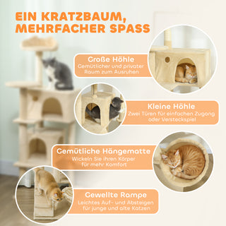 Kradsetræ 140 cm kattetårn med hængekøje, stige, hule, 2 plysbolde, sisalstolper, 48 x 48 x 140 cm, beige