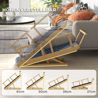 Hunderampe Klappbar Haustierrampe mit abnehmbaren Geländern, rutschfest, Hundeeinstiegshilfe bis 40 kg, 85 x 40 x 78,5 cm, Naturholz