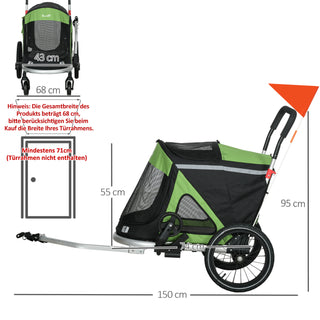 2-i-1 Hundevogn Hundejogger Cykeltrailer op til 20 kg 2 Reflekser 1 Sikkerhedsline 150 x 68 x 95 cm Grøn