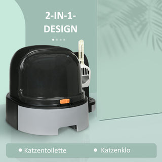 Kattebakke med 2 aftagelige bakker og hætte, skovl til katte op til 4 kg, grå 52 x 60 x 42 cm