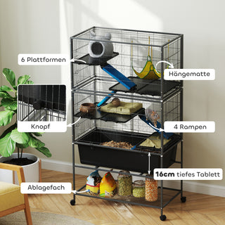 Bur til små dyr, gnaverbur, ilderbur med udtrækkelig bakke, musebur med ramper, hængekøje, hjul, hylde, bur med tilbehør til egern, dværghamstere, chinchillaer, mørkegrå