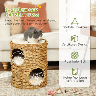 Kradsetønde til Katte, 50 cm høj kattetønde med 2 huler, Kradsetræ med hynde, Vandhyacint-kattetårn, til katte op til 3,5 kg, Lysebrun