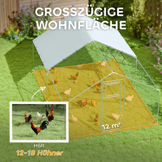 Hønsehus til fritgående høns lavet af stål, 300 x 400 x 195 cm hønsebur med UV-bestandigt overtræk, foderdør, hængende foderautomat, siddepind, hønsegård til 12-18 høns, små dyr, sølv