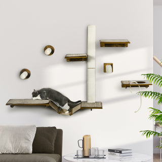 Klatrevægssæt til katte, 8-delt kattemøbel med kradsetræer, siddepinde, kradsebræt og sisal kattetrappe i brun til aktiv leg