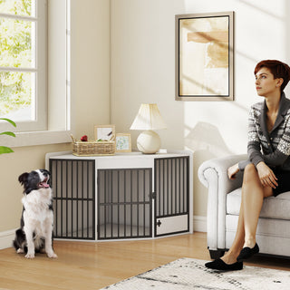 Hundebur, hvilebur til små og mellemstore hunde, kæledyrsbur, foderlåge, MDF, metal, hvid