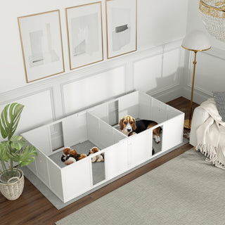 Hvalpekasse, hvalpegård med skridsikre gulvbeskyttere, justerbar dør, hvalpegård i træ, til små til mellemstore hunde, 196 x 96 x 48 cm, hvid