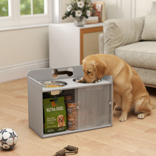 Hævet foderstation med 2 skåle og skab, MDF, rustfrit stål, knoglemønster, grå