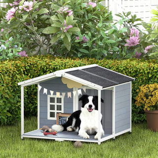 Vejrbestandigt hævet træhundehus med asfalttag og terrasse, til mellemstore hunde, 103x107x83,5cm, grå