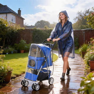Sammenklappelig hundebørn/hundevogn/kattevogn til børn op til 10 kg med regnslag, refleksstriber og opbevaringskurv, 77x44x102cm, blå