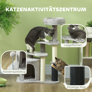 Kratzbaum 87 cm Katzenbaum mit Katzenhöhle, Bett, Spielbälle, Katzenkratzbaum mit Sisal-Kratzsäulen, für Katzen bis 5 kg, Hellgrau