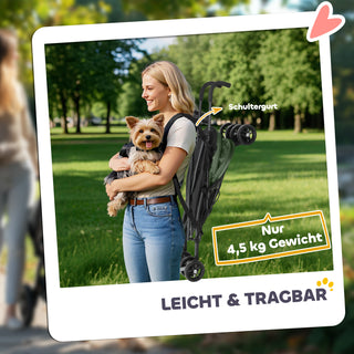 Hundeklapvogn, Sammenklappelig Hundeklapvogn til Hunde og Katte op til 4 kg, Katteklapvogn med Netvinduer, Skulderrem, Opbevaringspose, Kopholder, Paraply, Katteklapvogn, Mørkegrøn