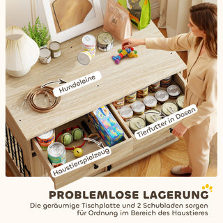 Hundebur på hjul, 2 døre, 2 skuffer, til mellemstore og store hunde, træ, stål