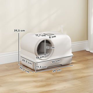 Kattebakke med låg, ske, udtrækkelig bakke, 2 aktivkulfiltre, til katte op til 5 kg, 59x39,5x39,5cm, hvid+grå