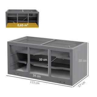 Dværghamsterbur, Gnaverbur, Smådyrsbur, Træmusbur med trappe, Smådyrsbur, Gnavervilla, Tre-etagers, Grå, 115 x 57 x 55 cm