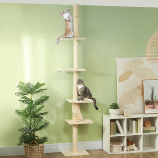 Kratzbaum Deckenhoch, Katzenbaum, 225-275 cm Katzenkratzbaum mit Plattformen, Katzenmöbel mit Kippschutz, Cremeweiß