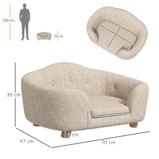 Hundesofa med baglomme, plysbetræk med hynde, katteseng, egnet til små hunde, fyrretræ, 70 x 47 x 30 cm, cremehvid