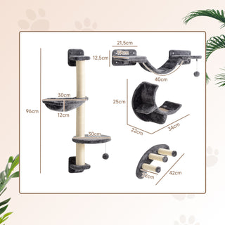 Klatrevæg til katte, 4-delt klatrevægsæt til katte med hængekøje, kattebro op til 5 kg, mørkegrå