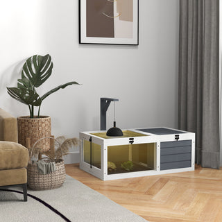 Skildpaddehus, krybdyrkasse med 2 rum, låg, plastbakker, vindue, træ, grå