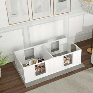 Hvalpekasse, Hvalpegård med Vandtæt og Vaskbar Måtte, Justerbar Dør, Hvalpe Legegård med 2-rums Design til Små Hunde, 164 x 80 x 48 cm, Hvid