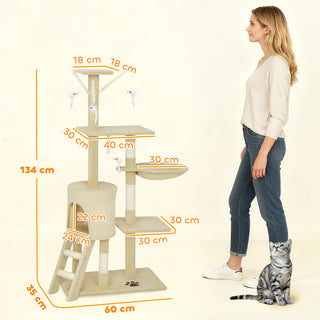 Kradsetræ med hule, 4 legetøj, sisalstolper, stor platform, trappe, til katte under 5 kg, beige