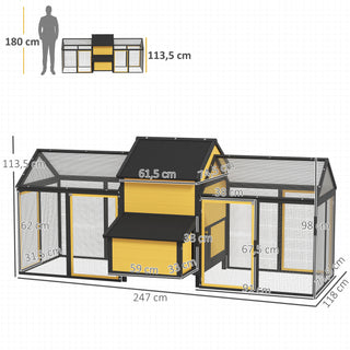 Træhønsehus, Hønsehus med Redekasse, Dobbelt Kravlegård med Bakke, Indhegning med Rampe, Hønsehus til Høns, 247 x 125 x 113,5 cm, Gul