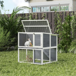 2-etagers trækaninbur med vejrbestandigt, hængslet tag, løbegård, rampe, 98x95x102,5 cm, grå