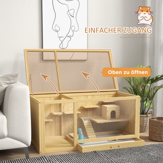 Hamsterbur, Træbur til Små Dyr, Legehus til Gerbiler, med Gynger, Stiger, Tag der kan åbnes, Hytte, 100 cm, Naturlig