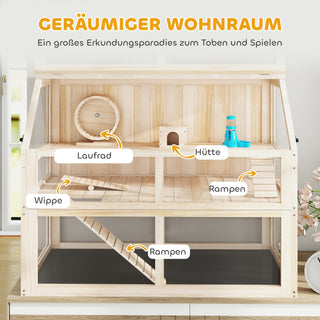 Hamsterbur i træ, 3 niveauer, gnaverbur, bur til små dyr med vippe, løbehjul og hytte, 95 x 53 x 76 cm, naturtræ