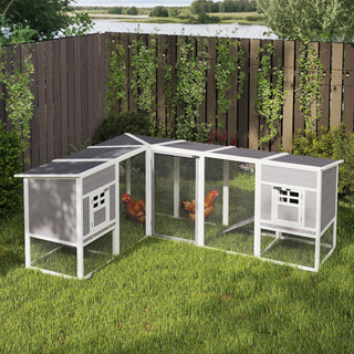 Hønsehus, L-formet træhønsehus med 2 huse, 2 etager, løbegård, rampe, 251 x 192 x 103 cm, grå