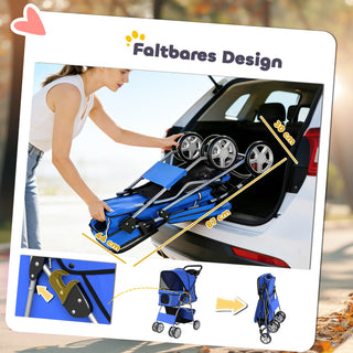 Sammenklappelig hundebørn/hundevogn/kattevogn til børn op til 10 kg med regnslag, refleksstriber og opbevaringskurv, 77x44x102cm, blå