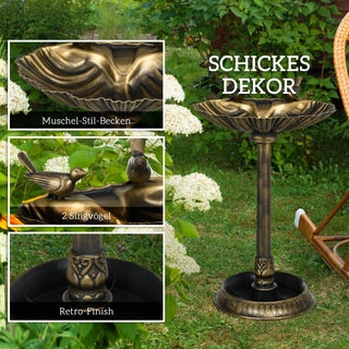 Fuglebad med statuer, 2 bassiner, plastik, antikt look, 49,5L x 38B x 81H cm, bronzefarvet