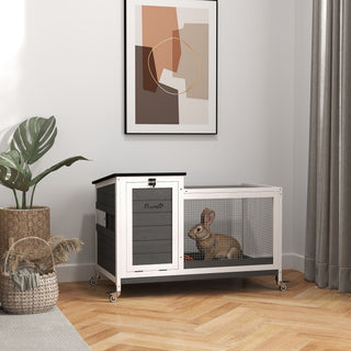 Trækaninbur med Udendørs Løbegård, Hjul, Foldbart Tag, Udtrækkelig Bakke, Metalgitter, Vinterbestandigt, Marsvinebur, Kaninbur til Inde og Udendørs, 92x52x67 cm, Mørkegrå