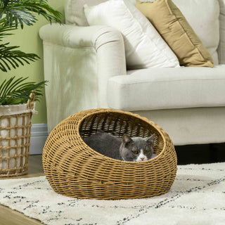 Rattan Kattekurv Kattehus med Hynde til Katte op til 4 kg, Indendørs Kattehule Lavet af PE-Rattan, Ø50 x 31 cm, Lysebrun til Hyggelige Retreats