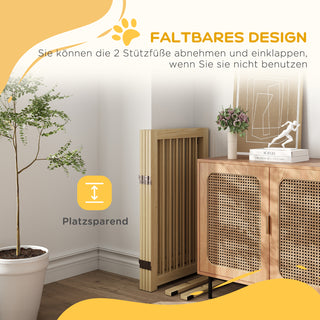 Hundegitter, 4-delt, 220 x 91 cm foldbar sikkerhedsgitter med dør, fritstående hundegitter i træ med 2 støttefødder, trappegitter