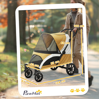 Hundeklapvogn, foldbar hundevogn til store hunde, kæledyrsklapvogn med 4 hjul, sikkerhedssnore, bremser, brun