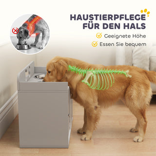 Hævet foderstation med 2 skåle og skab, MDF, rustfrit stål, knoglemønster, grå