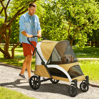 Hundeklapvogn, foldbar hundevogn til store hunde, kæledyrsklapvogn med 4 hjul, sikkerhedssnore, bremser, brun