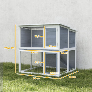 2-etagers trækaninbur med vejrbestandigt, hængslet tag, løbegård, rampe, 98x95x102,5 cm, grå