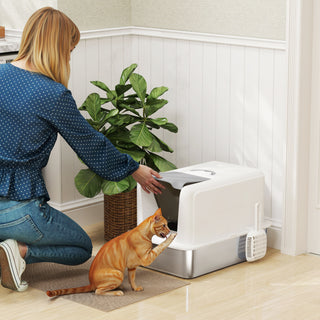 Kattebakke med låg, bakke i rustfrit stål, indbygget kattegrusfilter, inklusive kattebakke, til katte op til 6 kg, hvid