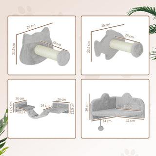 Klatrevægssæt til katte, 4-delt kattemøbel med trin, stige, hoppetårne, kradsetræer, legebold, sisal, til katte op til 5 kg, lysegrå