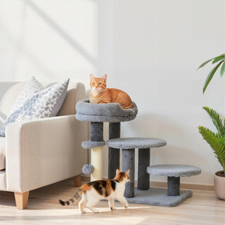 Kradsetræ og Kattetrappe, Bred Base, Plysstof, Sisal Kradsetræ, Grå