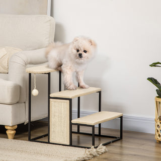 Kæledyrstrappe 3-trins kattetrappe hundetrappe med kradsebræt og legebold lavet af stål og sisal 51x54x53cm til katte og hunde