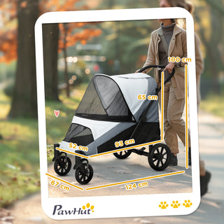 Hundeklapvogn, Sammenklappelig Hundeklapvogn til Store Hunde og Katte op til 30 kg, Katteklapvogn med Pude, Netvinduer, Døre, Opbevaringspose, Katteklapvogn med Sikkerhedsliner, Bremser, Klapvogn, Grå