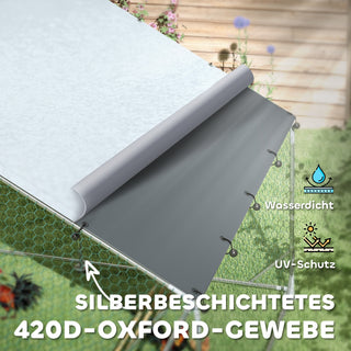 Hønsehus til fritgående høns lavet af stål, 300 x 400 x 195 cm hønsebur med UV-bestandigt overtræk, foderdør, hængende foderautomat, siddepind, hønsegård til 12-18 høns, små dyr, sølv