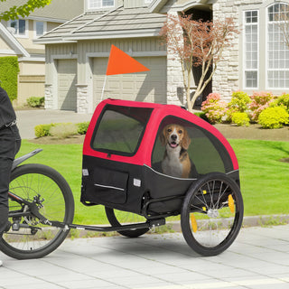 Sammenklappelig hundetrailer med reflekser, netvindue, hjul, dør, sikkerhedsflag til hunde op til 20 kg, 138x70x89 cm, rød