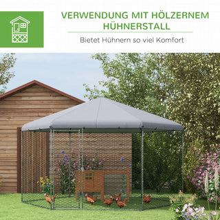 Hønsehus 400 x 346 x 263 cm Stålbur til Fritgående Høns med Overdækning og Dør til 10-15 Høns, Små Dyr, Grå